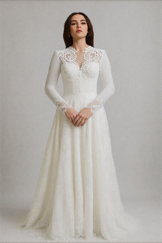 Linda Robe de mariée hiver , voilée simple en dentelle